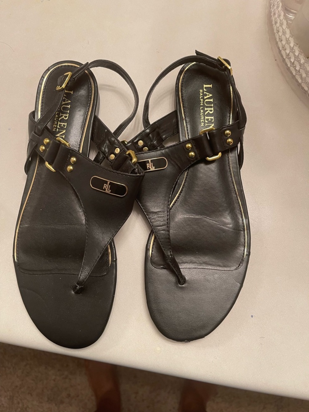 Lauren Ralph Lauren Black Leather T-Strap Sandals with Gold Accents